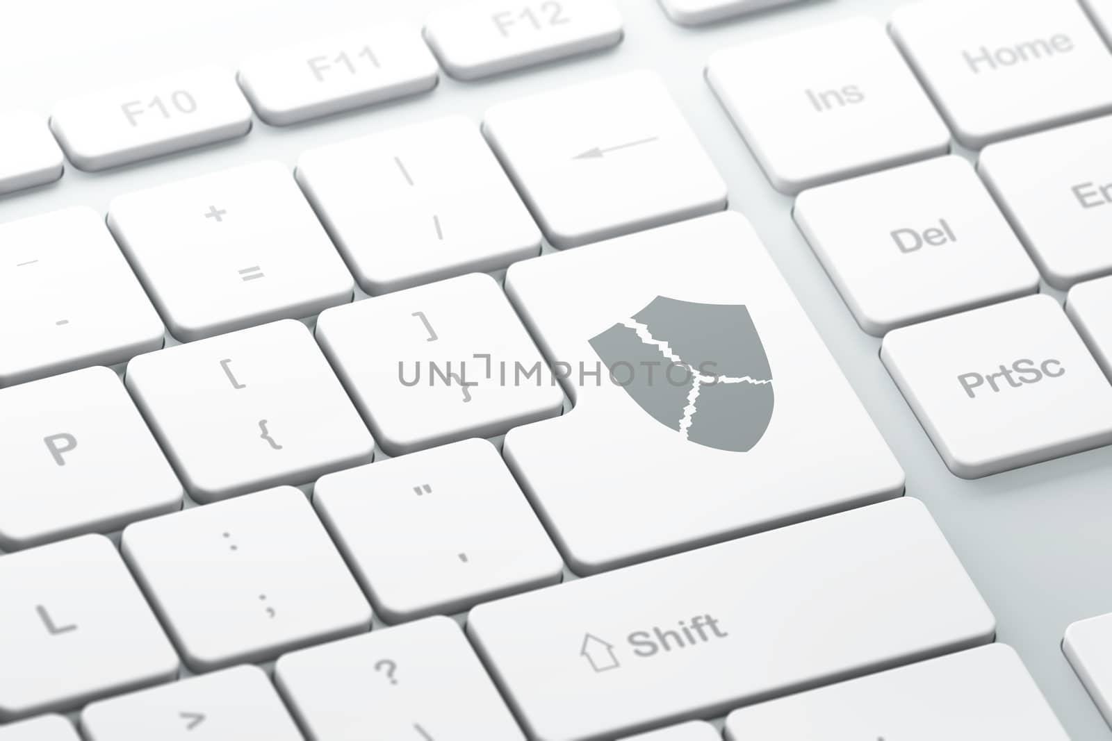 Security concept: enter button with Broken Shield on computer keyboard, 3d render, selected focus