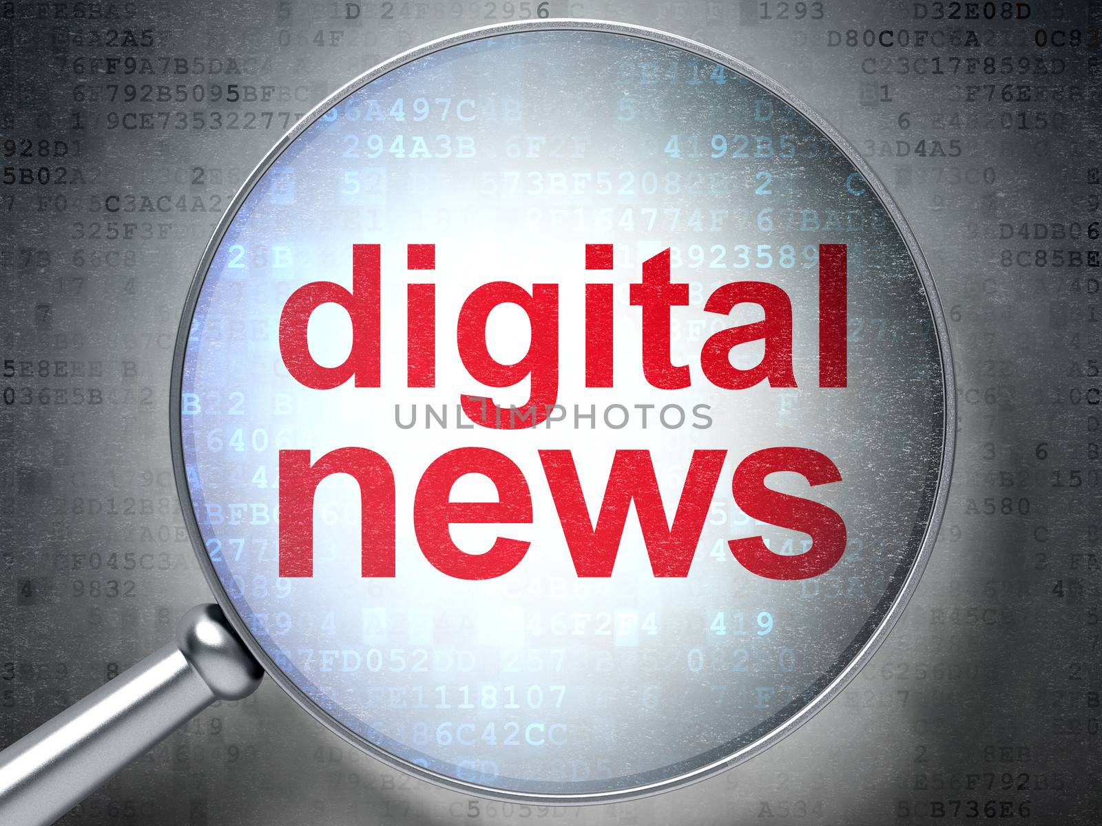 Magnifying optical glass with words Digital News on digital background, 3d render