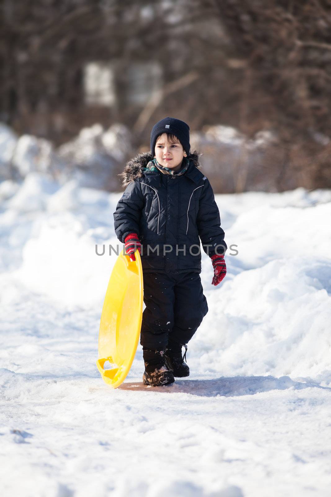 Boy with sleigh. Sledding at winter time