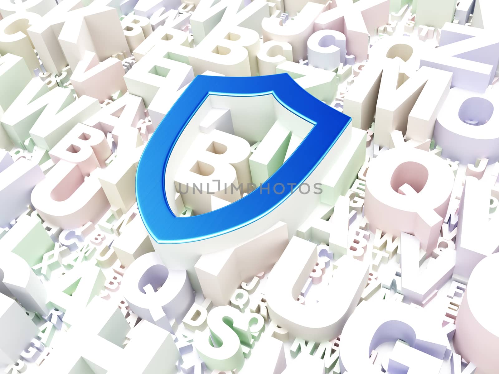 Protection concept: Contoured Shield on alphabet background, 3d render