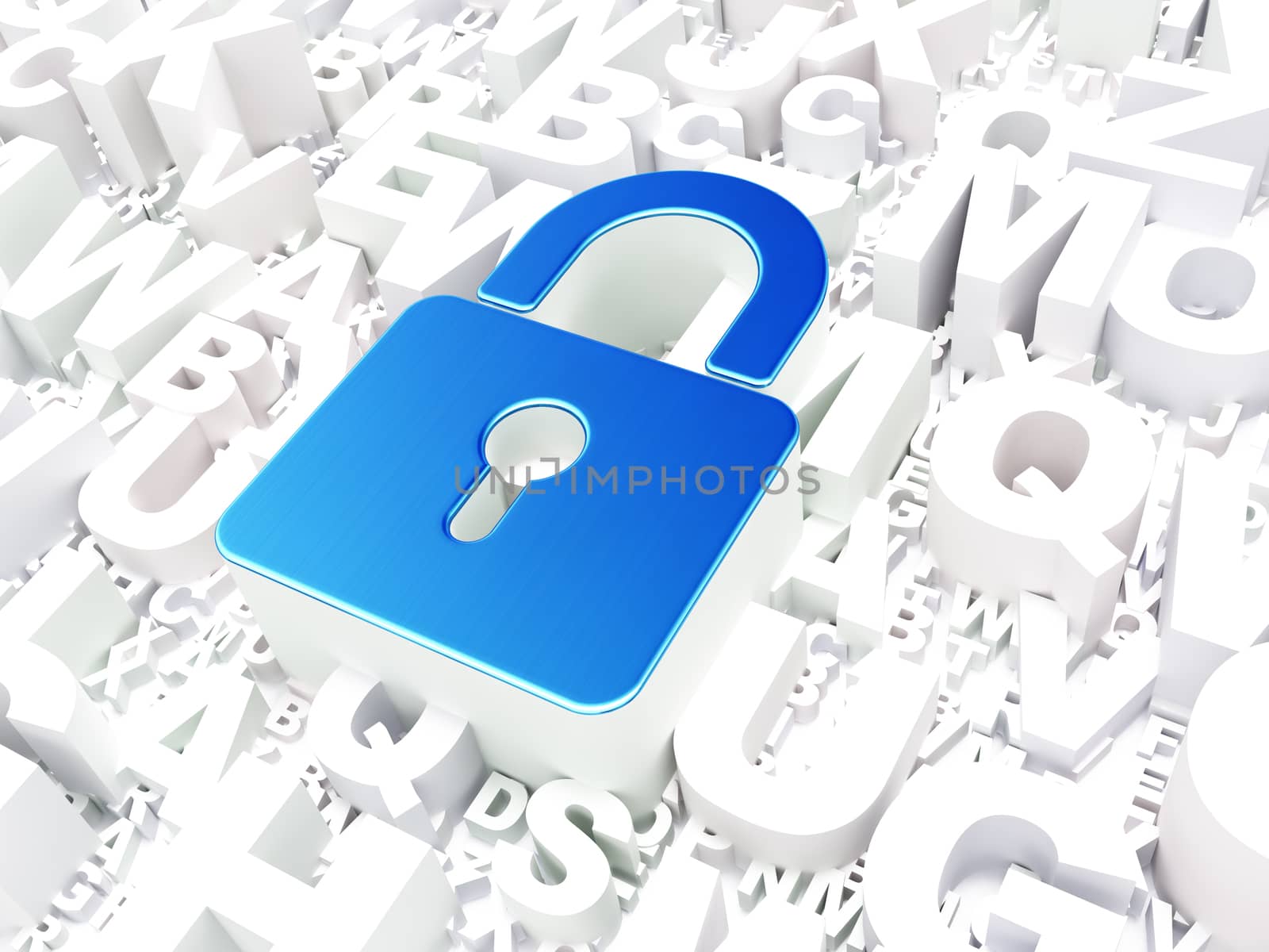 Safety concept: Closed Padlock on alphabet background, 3d render