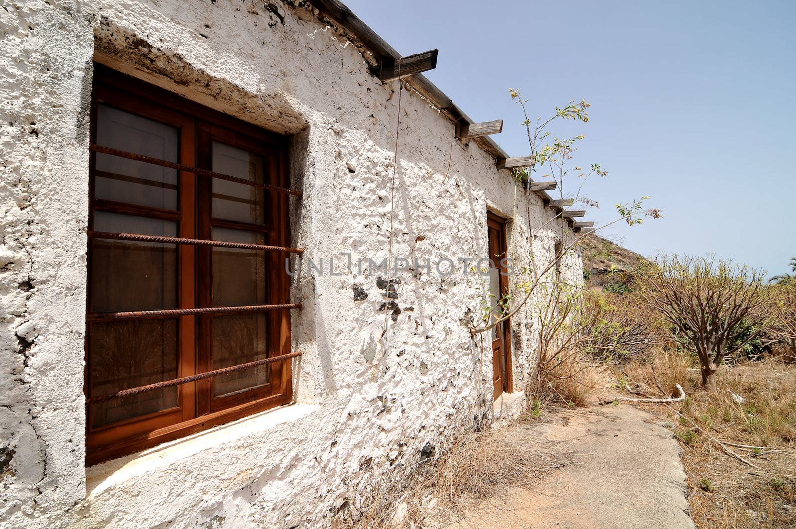 Empty White Abandoned Building in the Desert , in Canary Islands, Spain