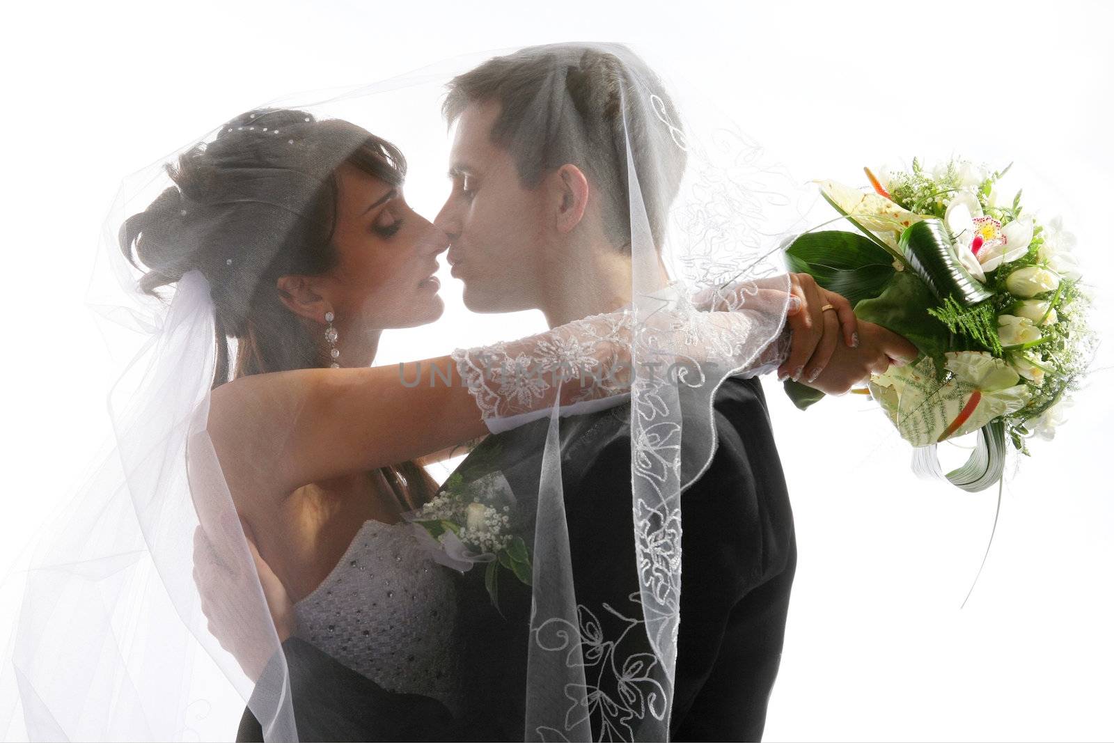 Kissing couple wedding portrait by palinchak