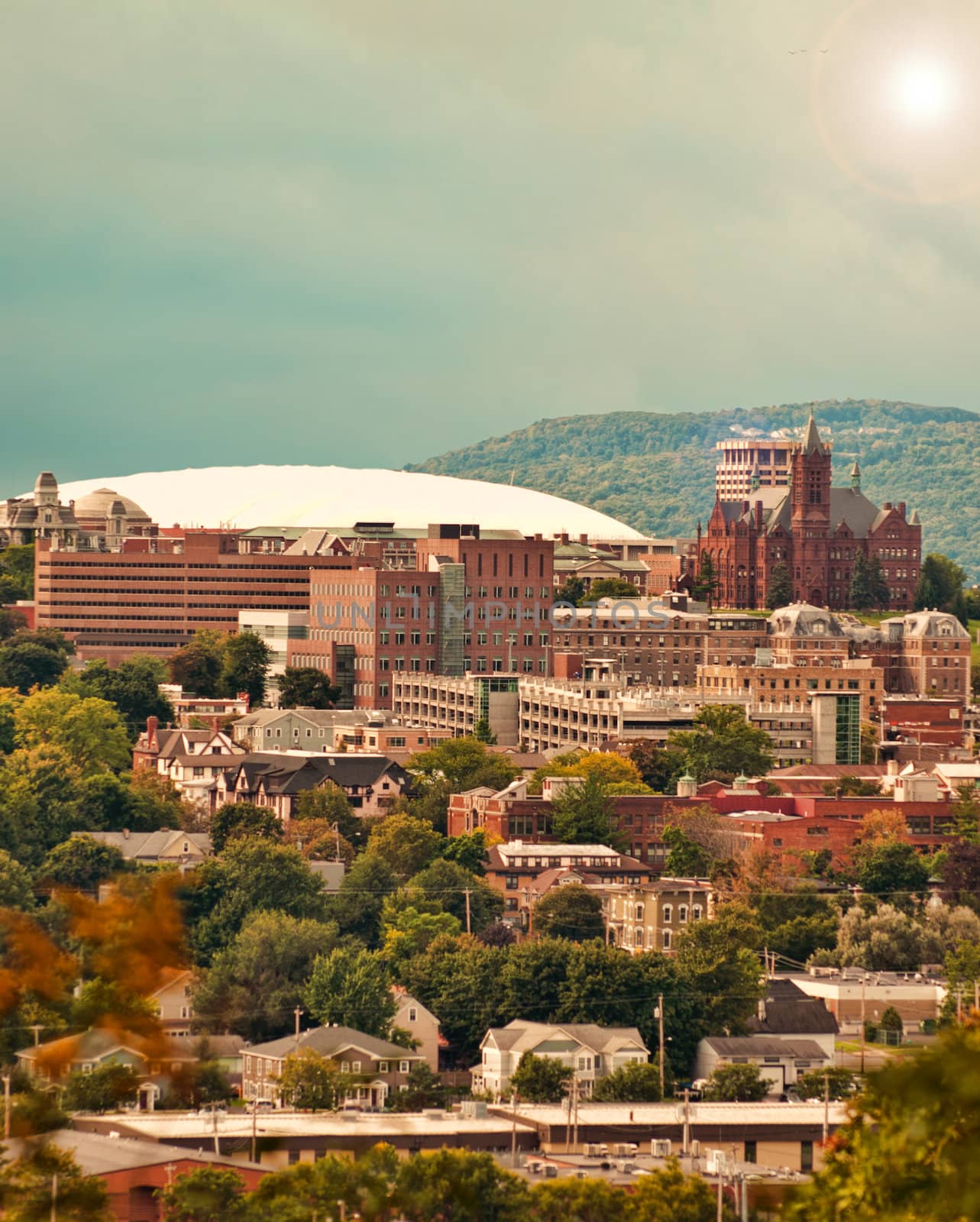 view of syracuse, new york , the carrier dome and syracuse university hill, vertical format