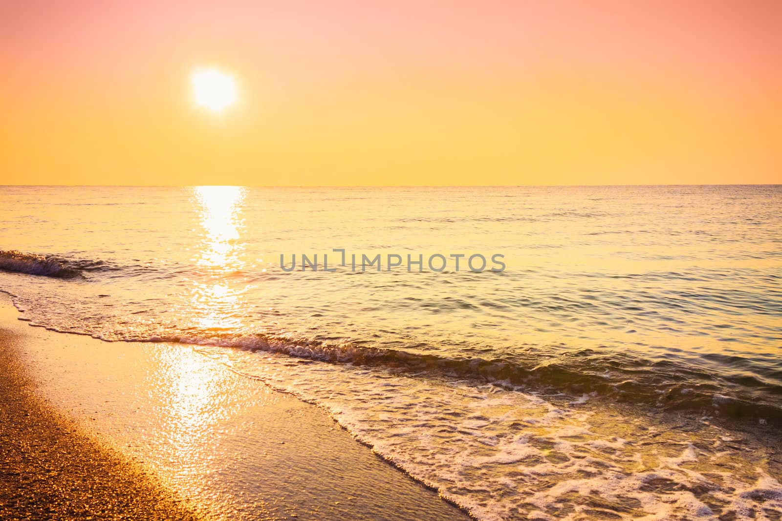 Soft sea ocean waves wash over golden sand background. Sunset, sunrise, sun