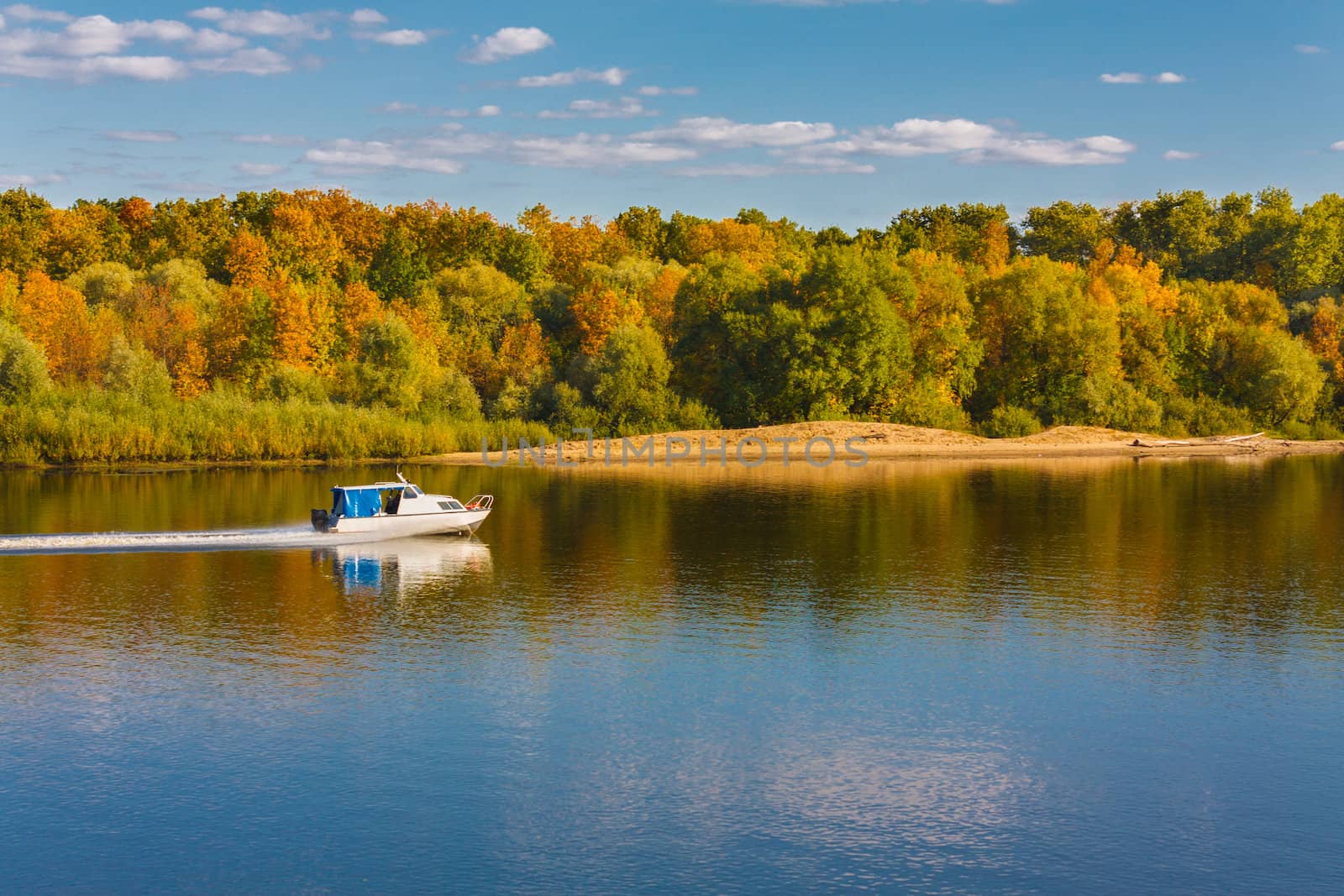 Ship On River. Autumn Forest Background