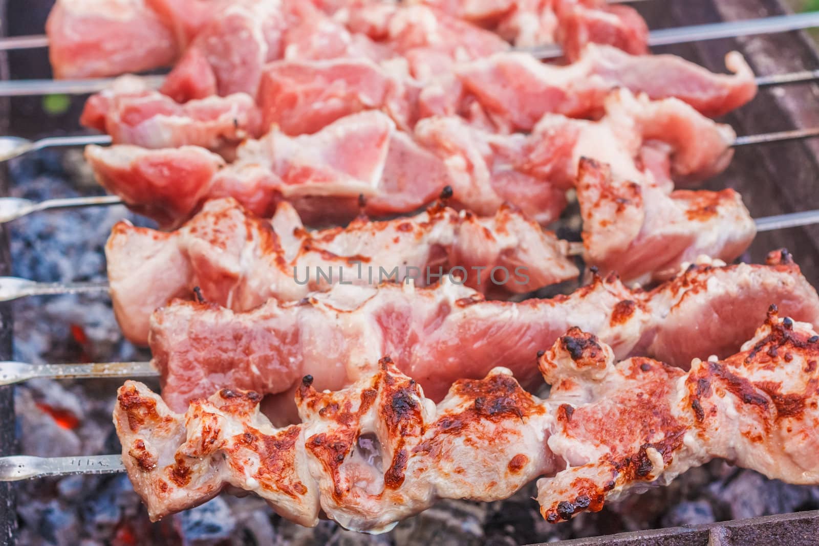 Juicy Slices Of Meat With Sauce Prepare On Fire (Shish Kebab, Shashlik).