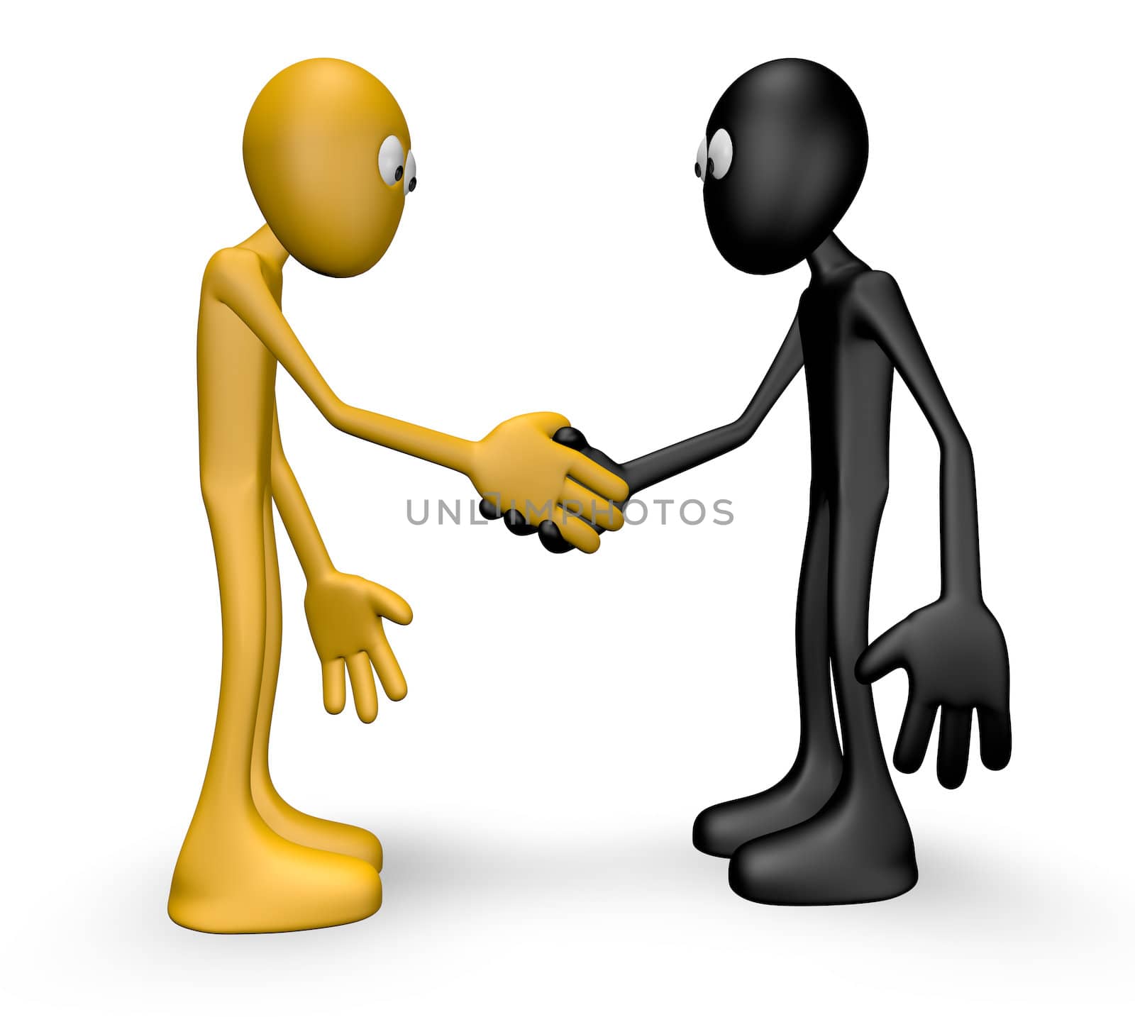 cartoon guys shake hands - 3d illustration