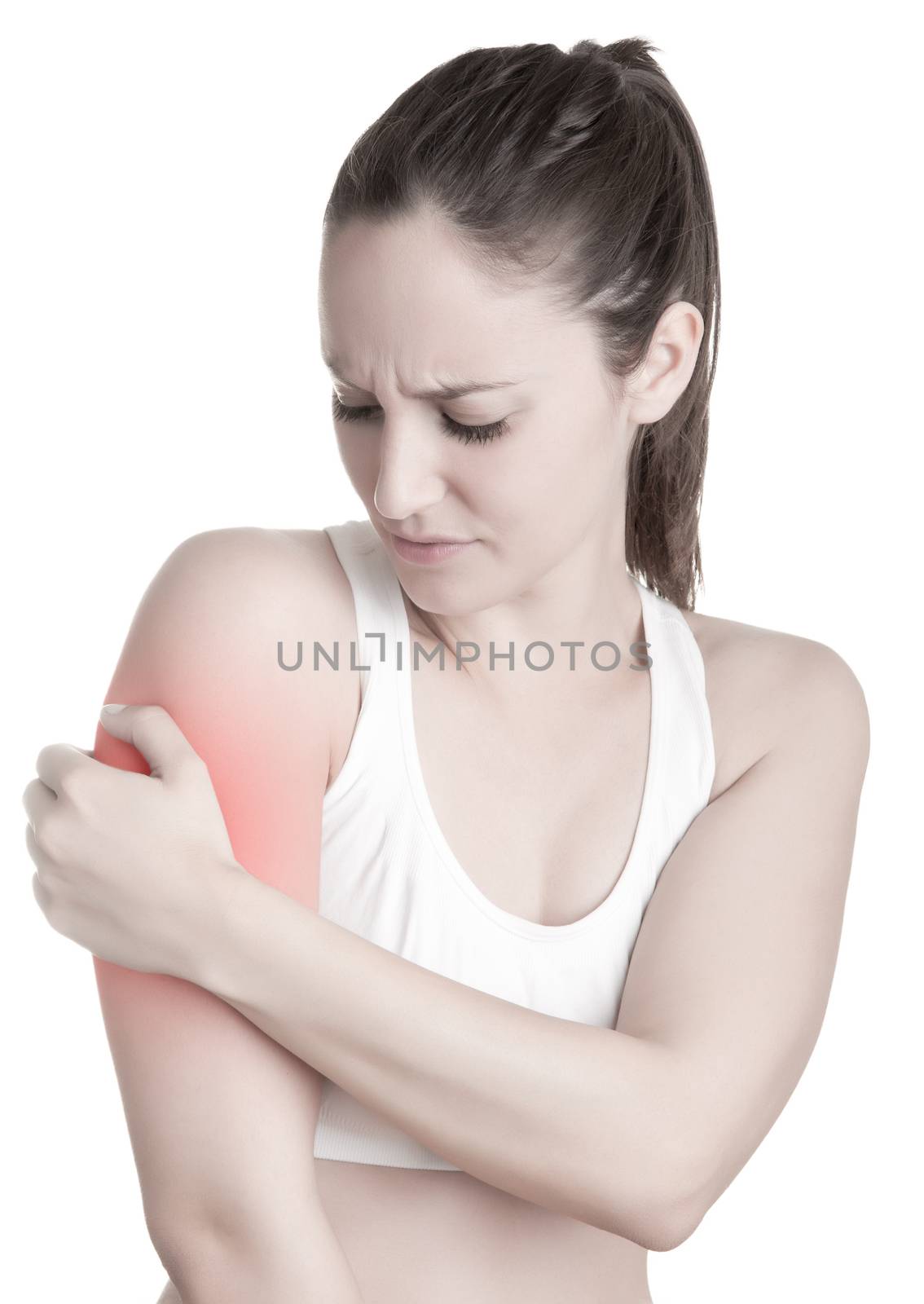 Female with pain in her arm, isolated in a white background