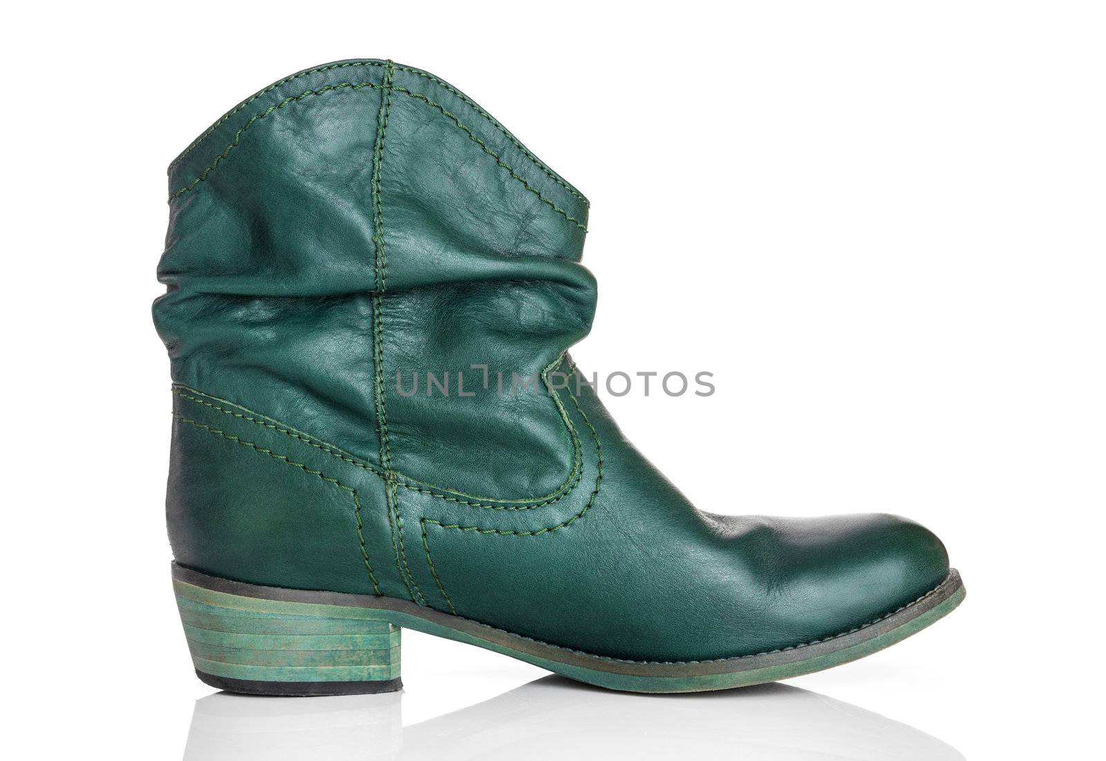 Stylish green leather boot, isolated on white background.