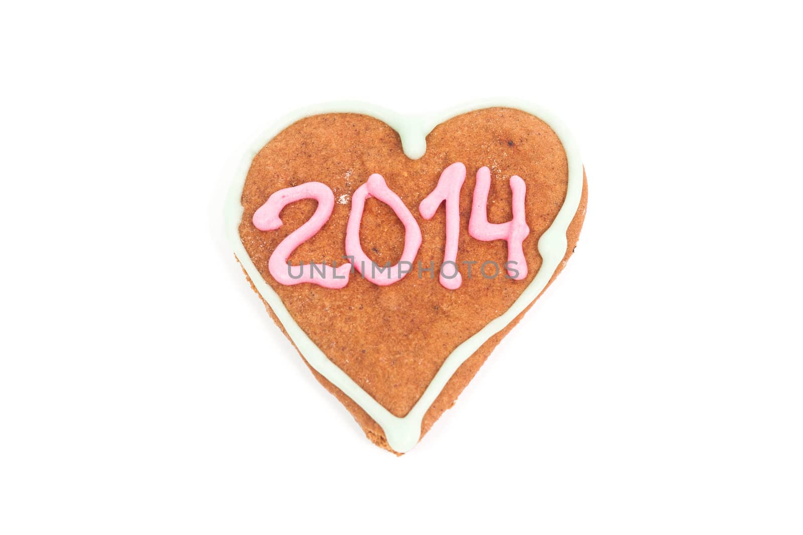 Homemade heart shape cookie isolated on white with 2014 number