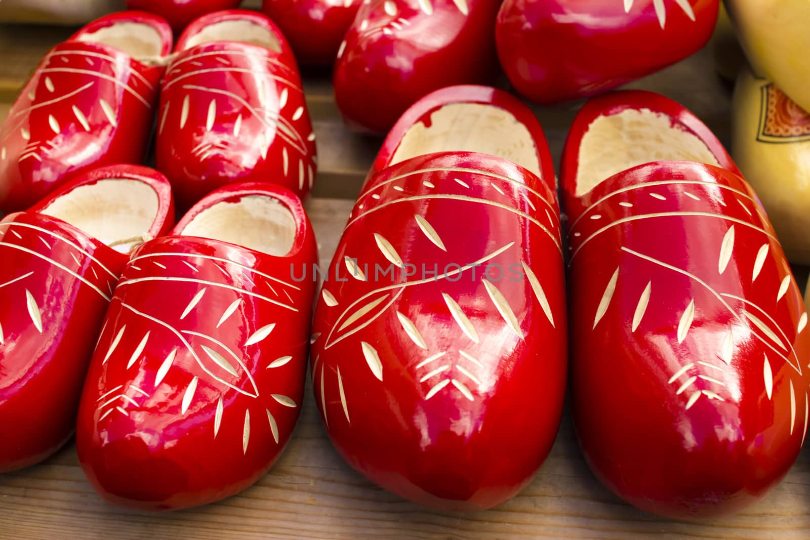 Dutch traditional wooden shoes with ornament, clogs, symbol of the Netherlands.