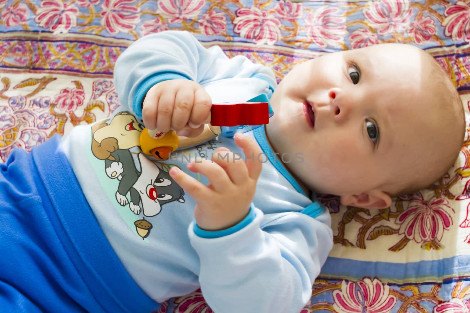 adorable baby with a toy in the hand on a colored blanket by Tetyana