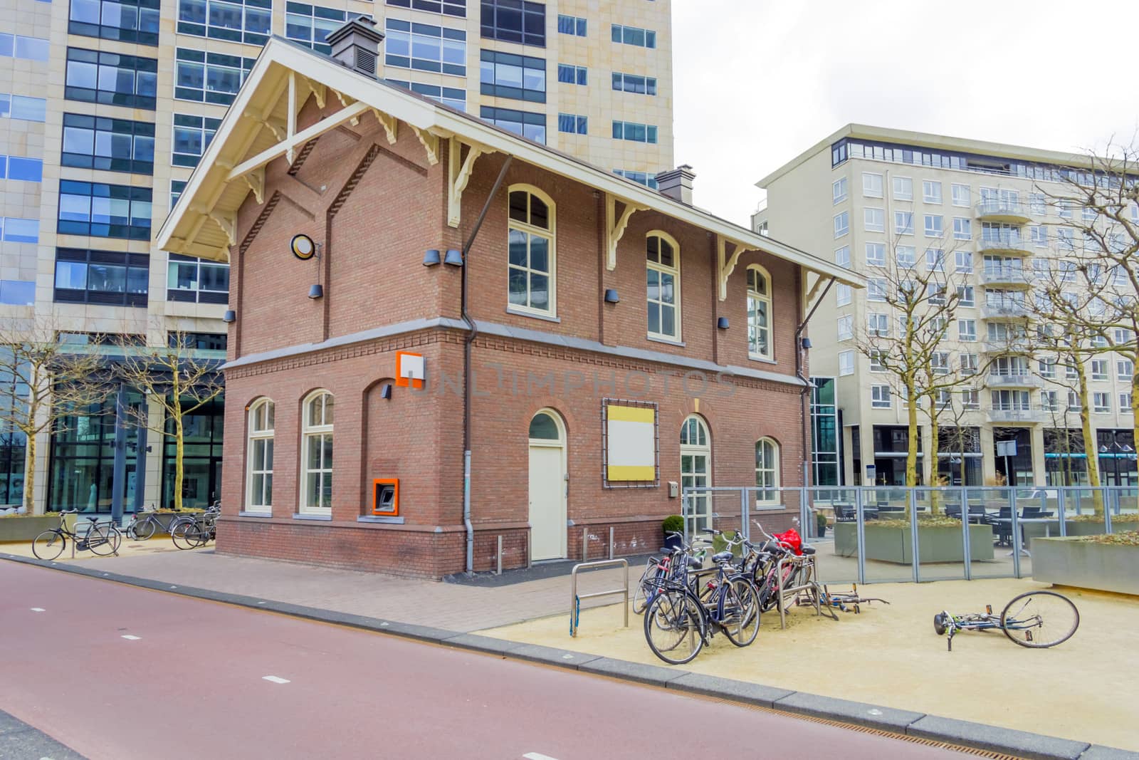 Building in the traditional Dutch style against the background of the business center