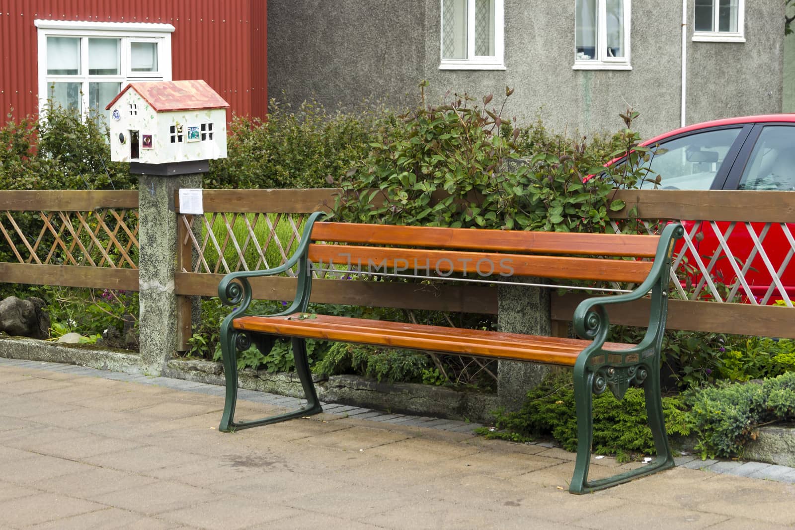 wooden bench in along the street, Reykjavik