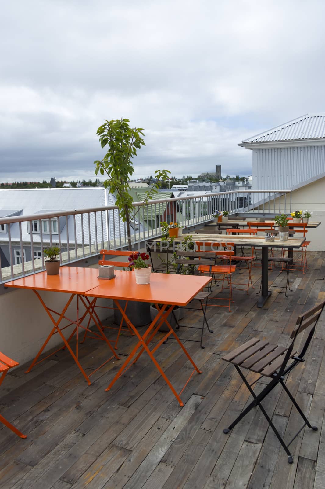 modern cafe interior during day, modern and simple decoration  on the terrace