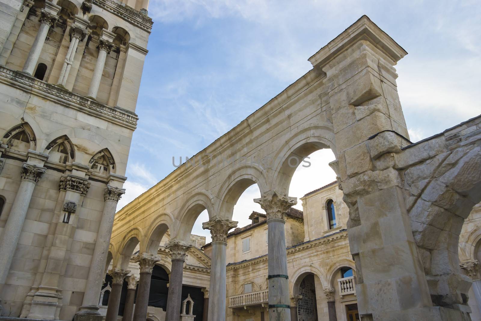 Diocletian palace ruins and cathedral bell tower, Split, Croatia.