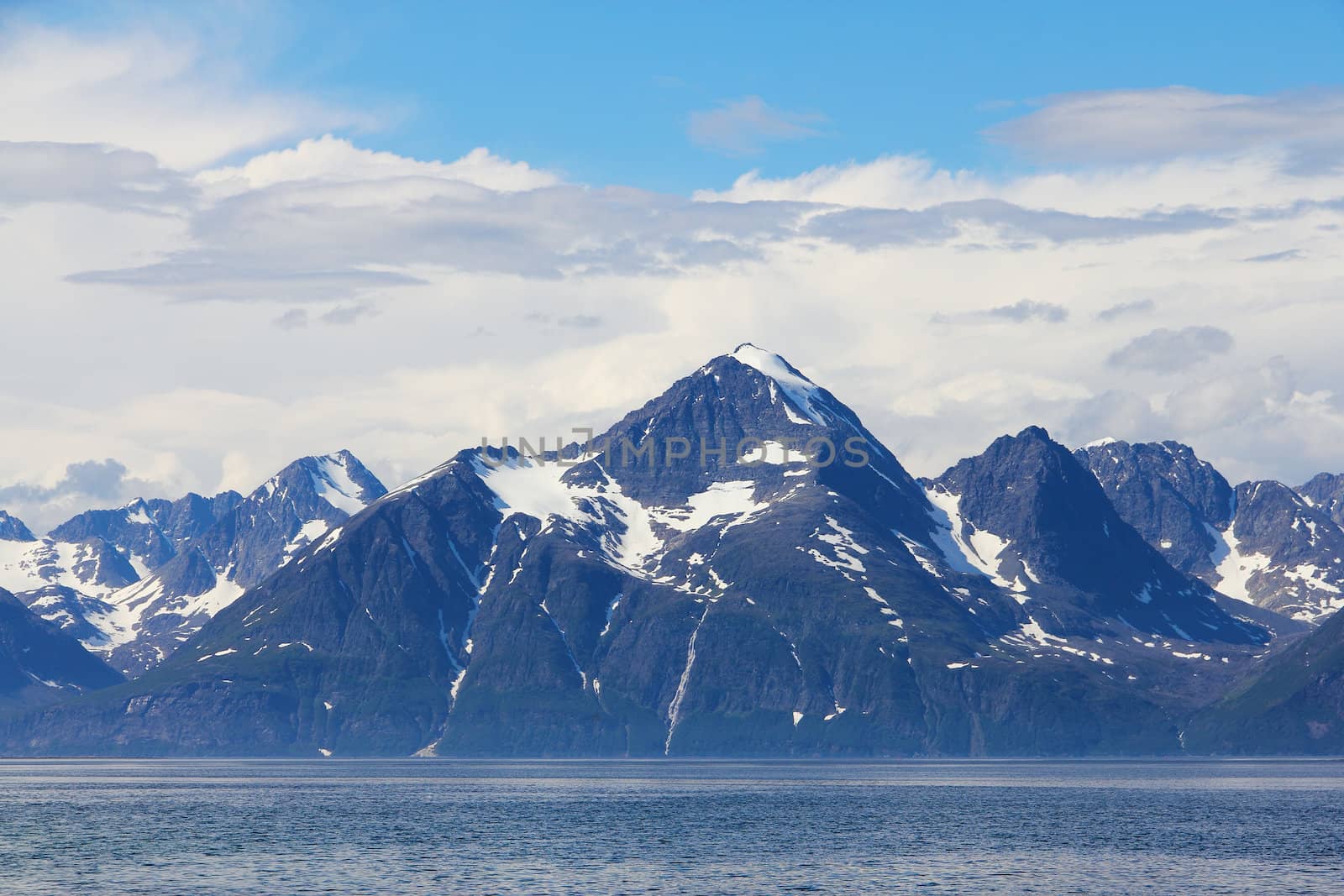 Arctic mountains and fjord in northern Norway at summer