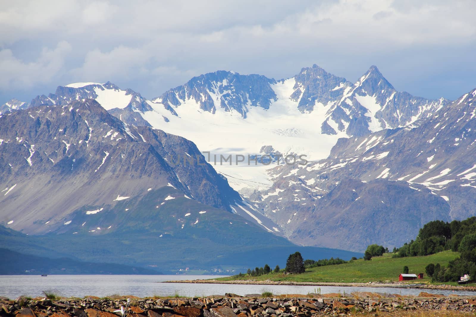 Arctic mountains and fjord in northern Norway at summer