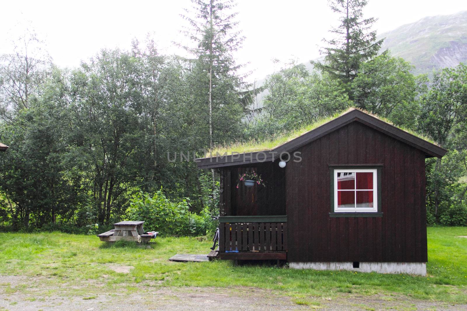 View on small cottage in forest and mountains