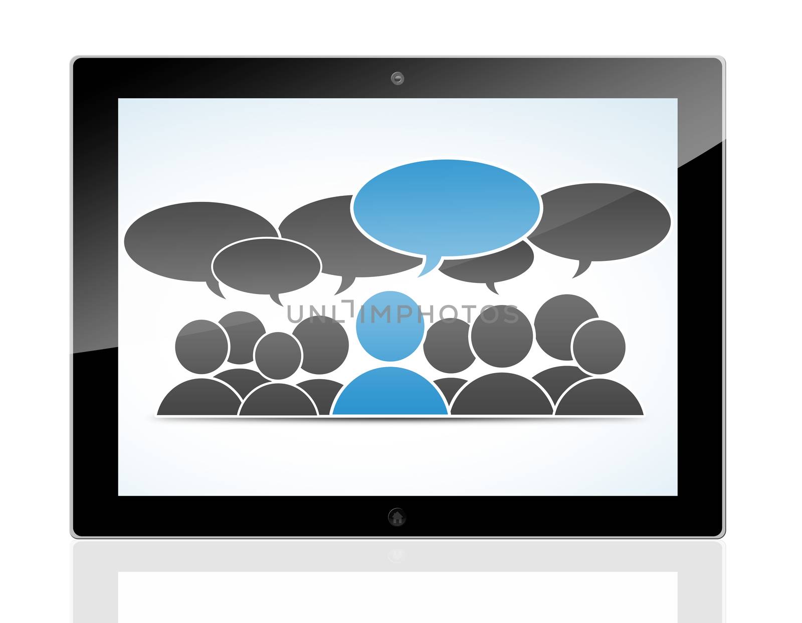 social media concept - conversation people with speech bubbles on a tablet pc