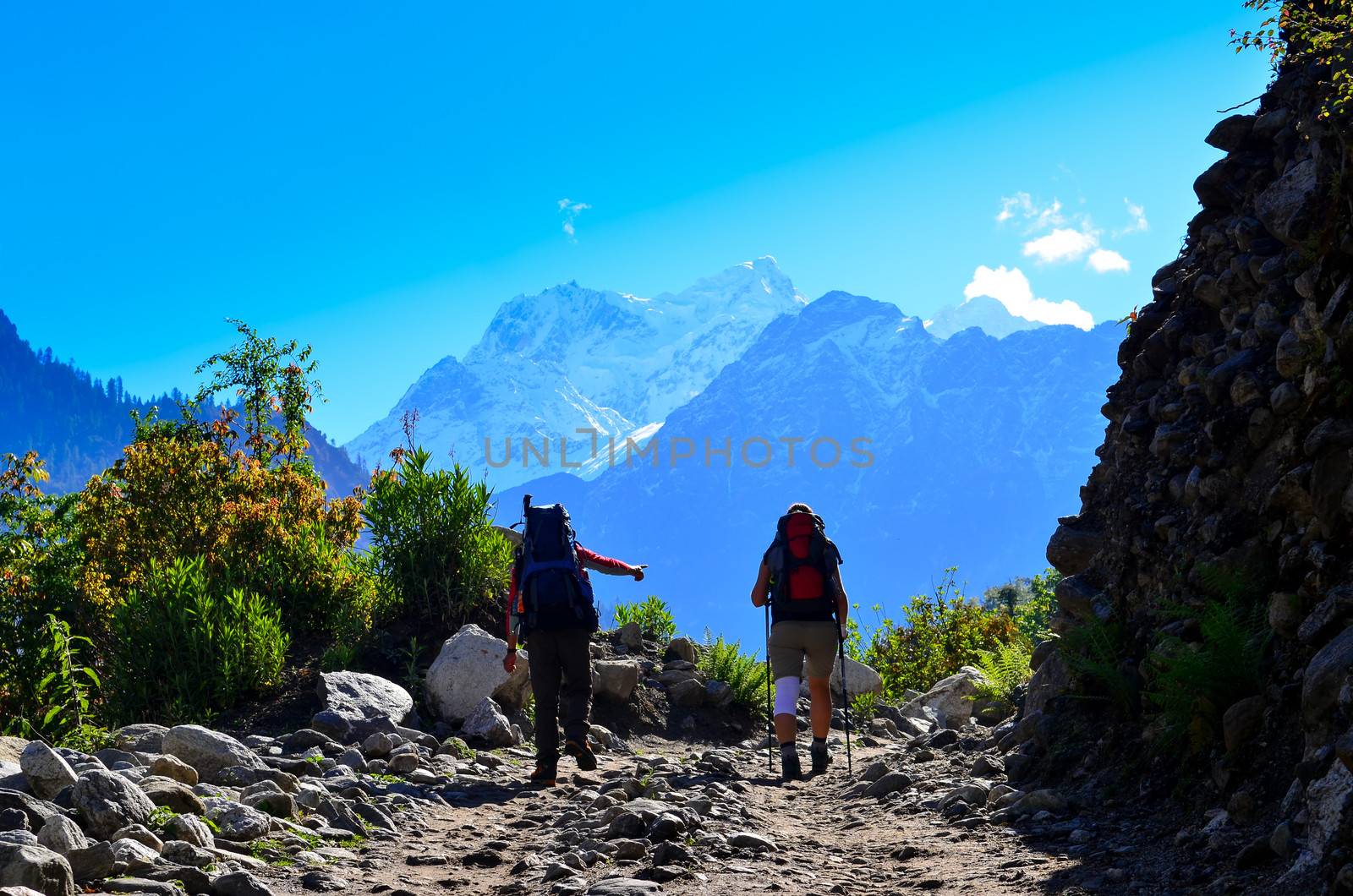 Two people trekking in the mountains with Himalayas in background, Nepal