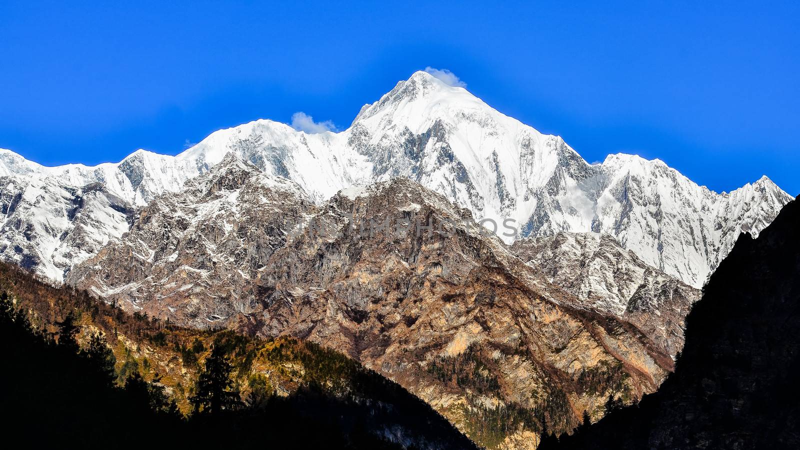 View of Annapurna II mountain peak during sunny day, Himalayas, Nepal
