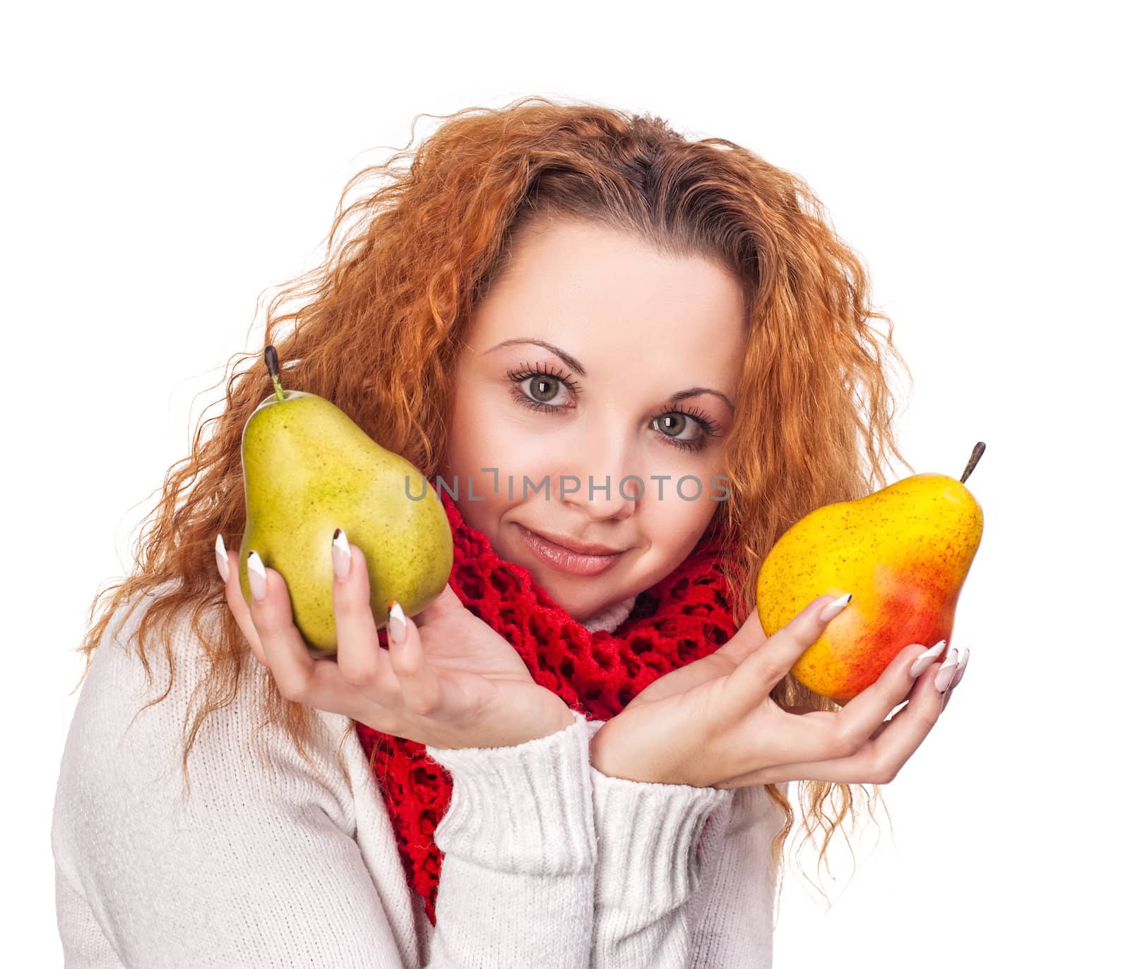 Red-haired girl with a pears isolated on white