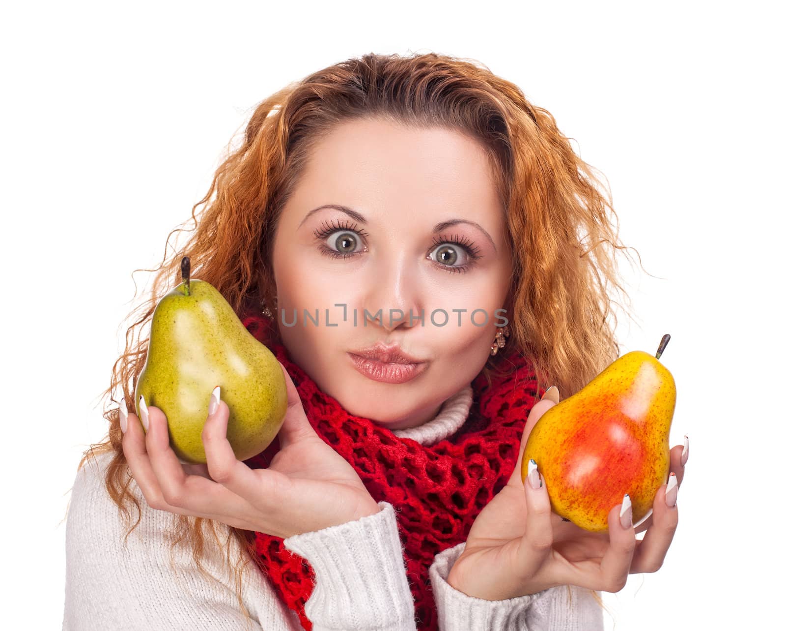 Red-haired girl with a pears isolated on white