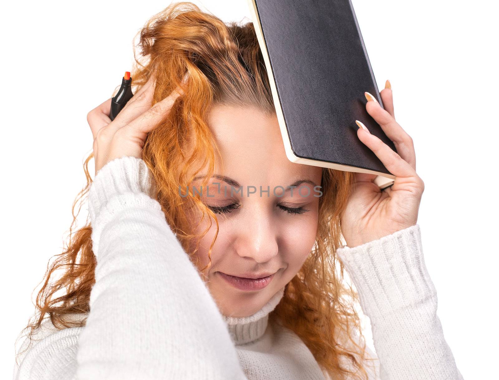 Education - girl holds a notebook on her head by palinchak