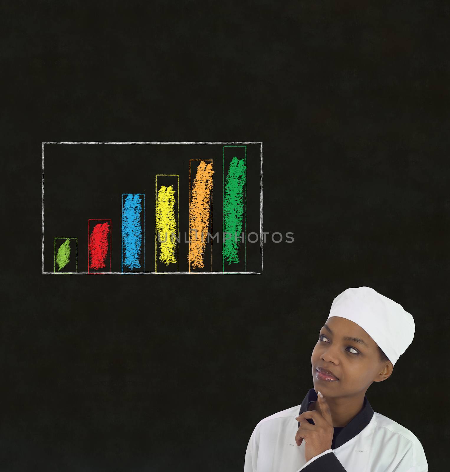 African woman chef with chalk bar graph on blackboard background by alistaircotton