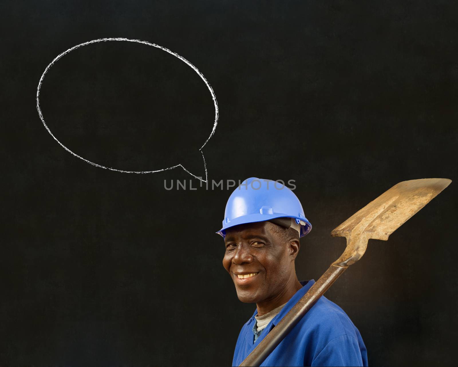 African American black man worker with chalk speech bubble on a blackboard background