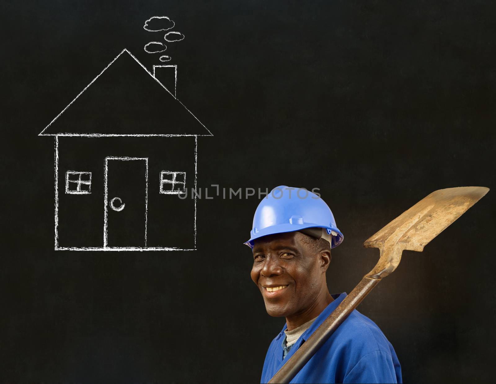 African American black man worker with chalk house on a blackboard background