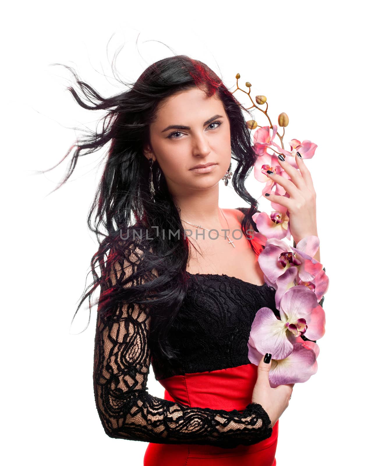 Beautiful woman with orchid flower, isolated on the white