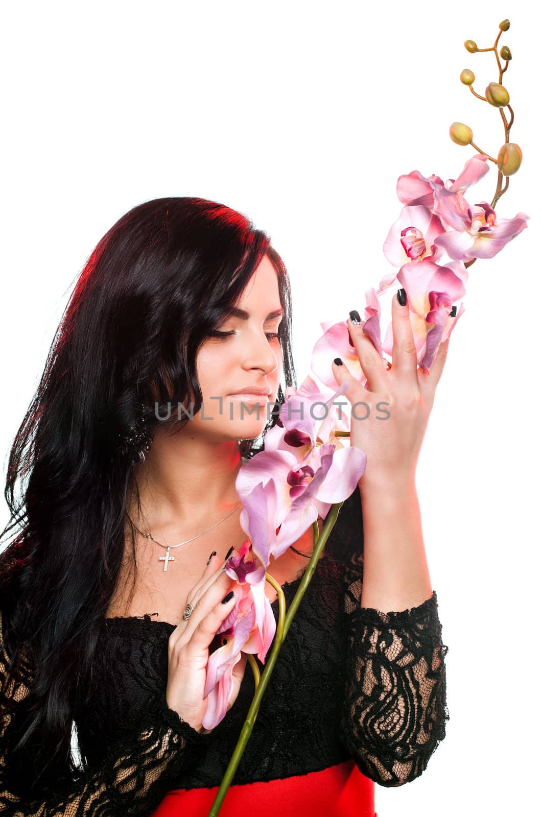 Beautiful woman with orchid flower, isolated on the white