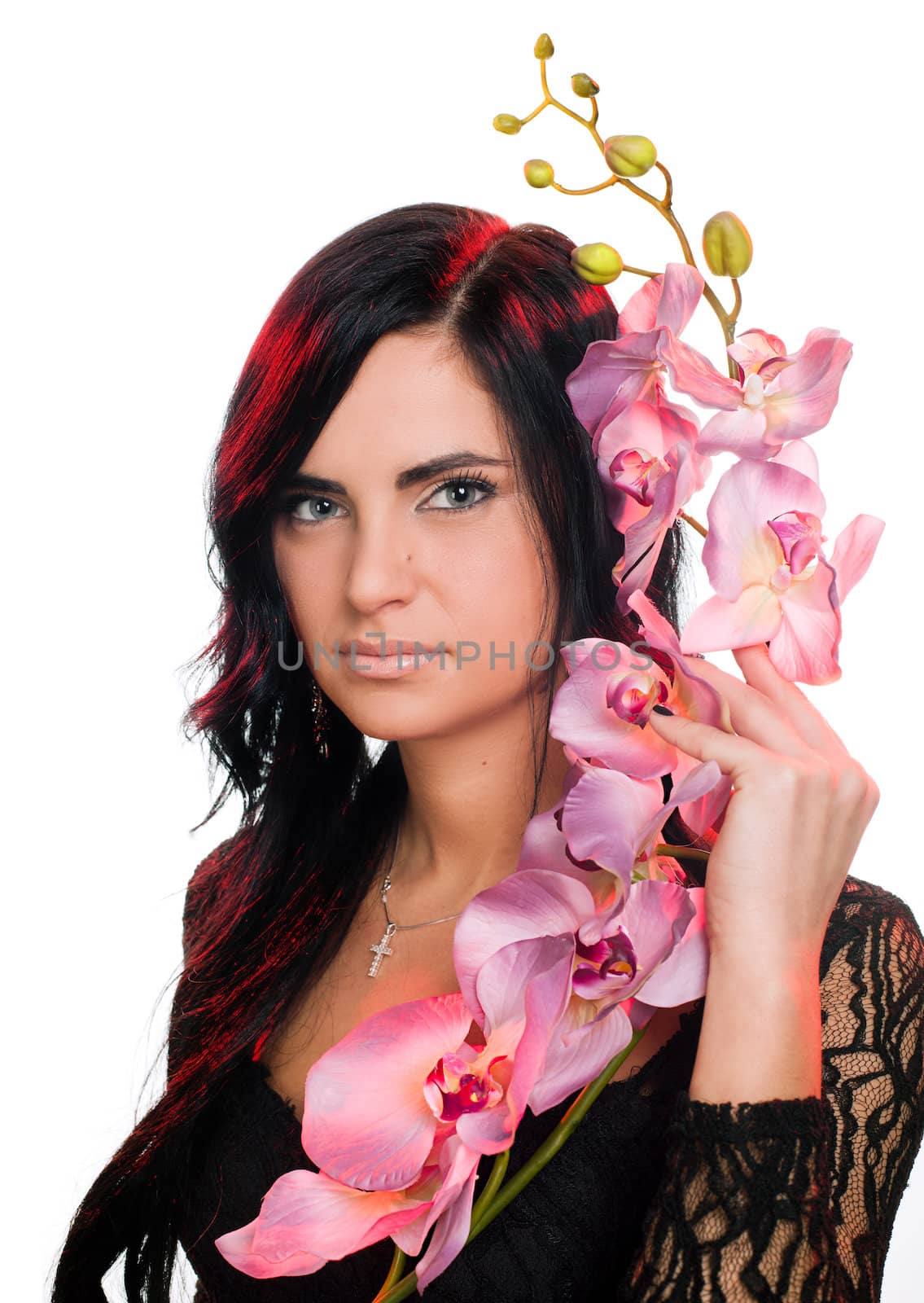 Beautiful woman with orchid flower, isolated on the white