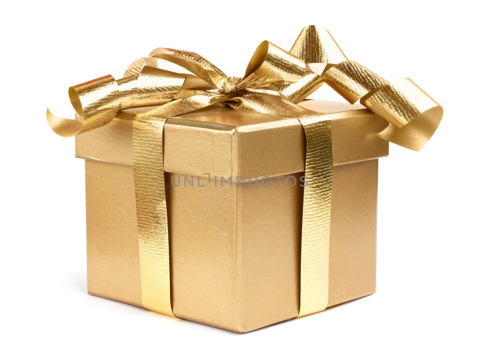 Golden gift box decotated with ribbon isolated on white background