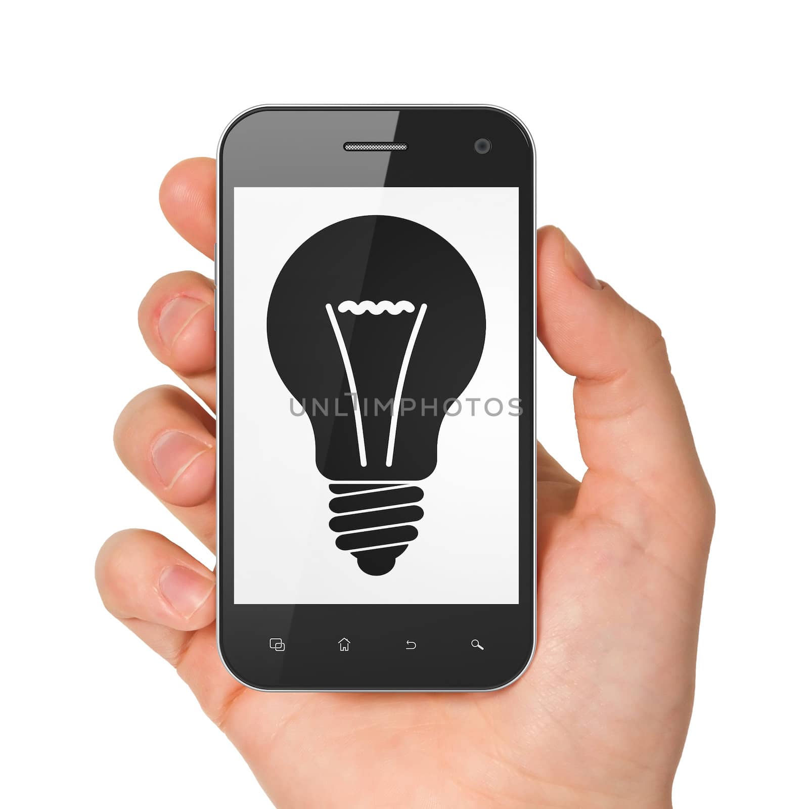 Business concept: hand holding smartphone with Light Bulb on display. Generic mobile smart phone in hand on White background.