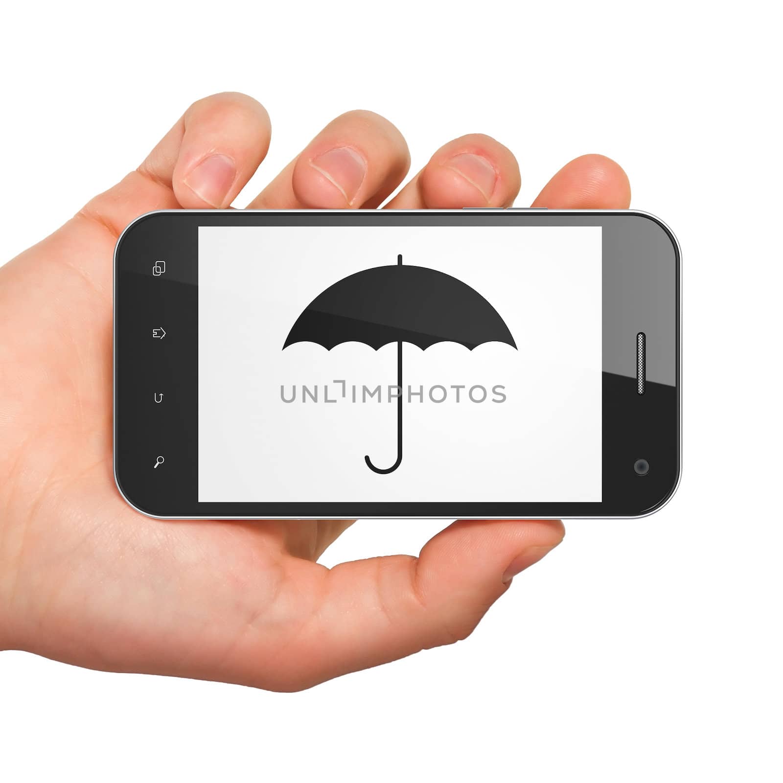 Privacy concept: hand holding smartphone with Umbrella on display. Generic mobile smart phone in hand on White background.