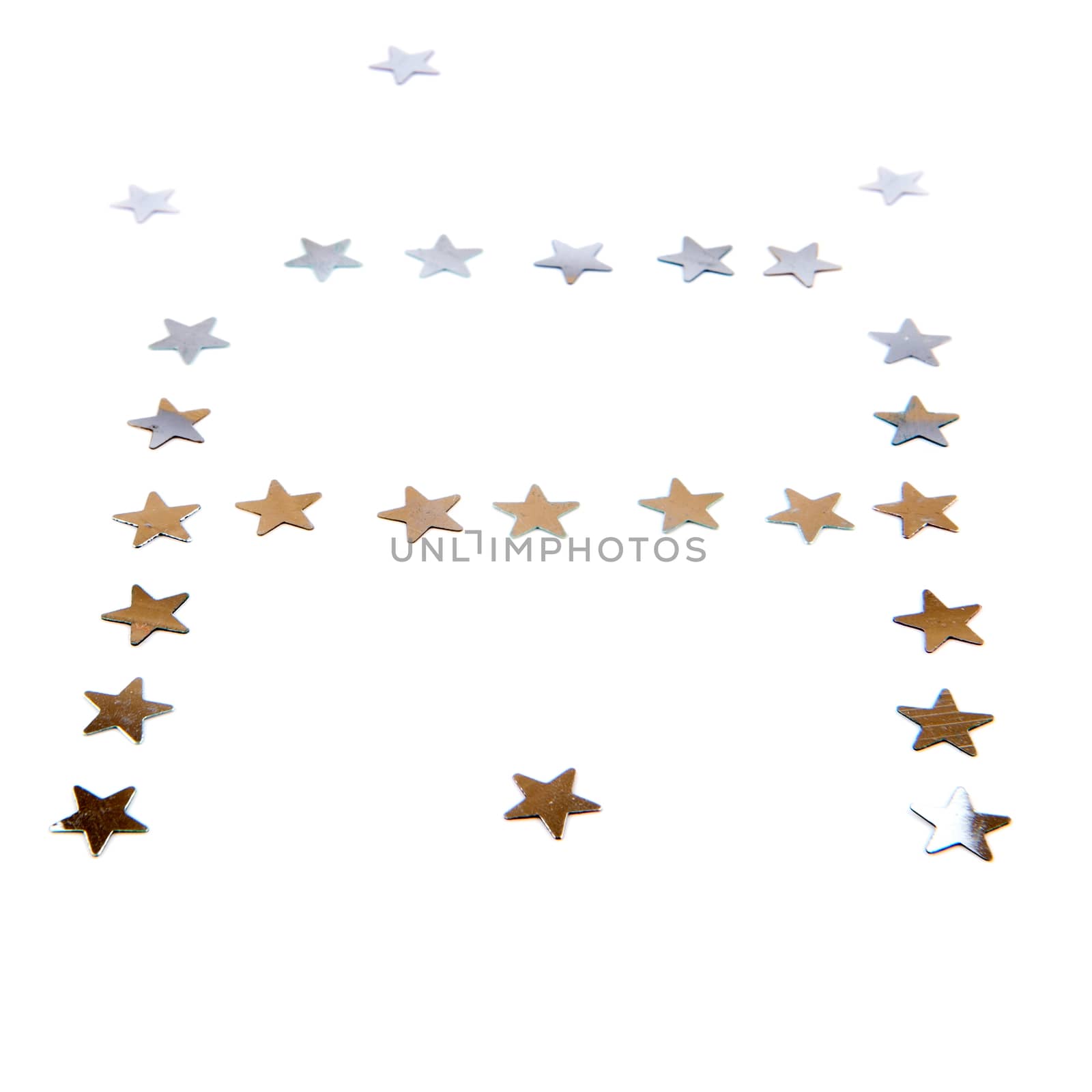 a gold and silver letter A made of stars on a white background