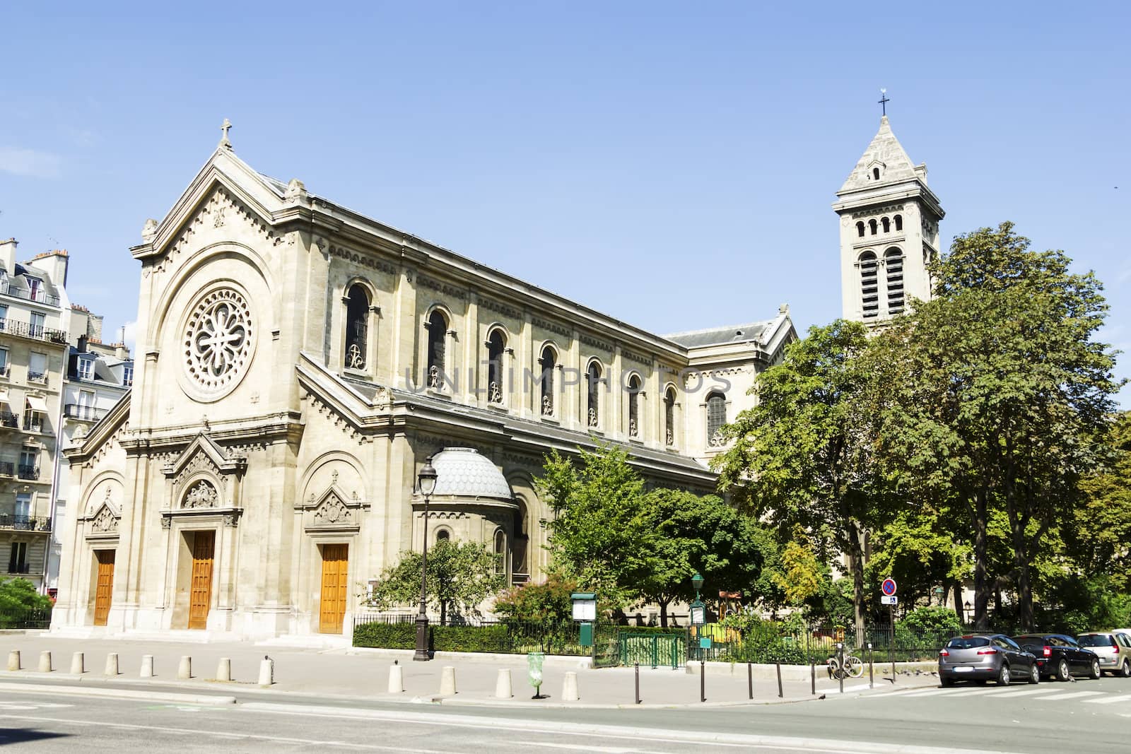 Facade of a cathedral  in Paris, France