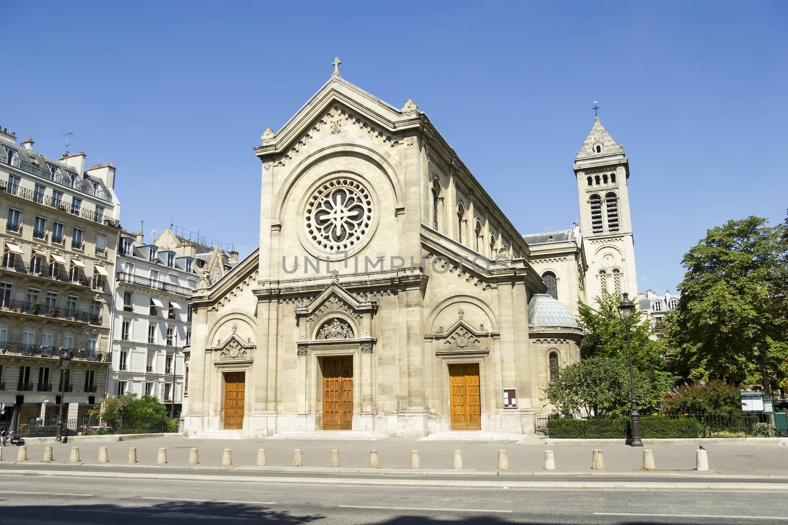 Facade of a cathedral  in Paris, France