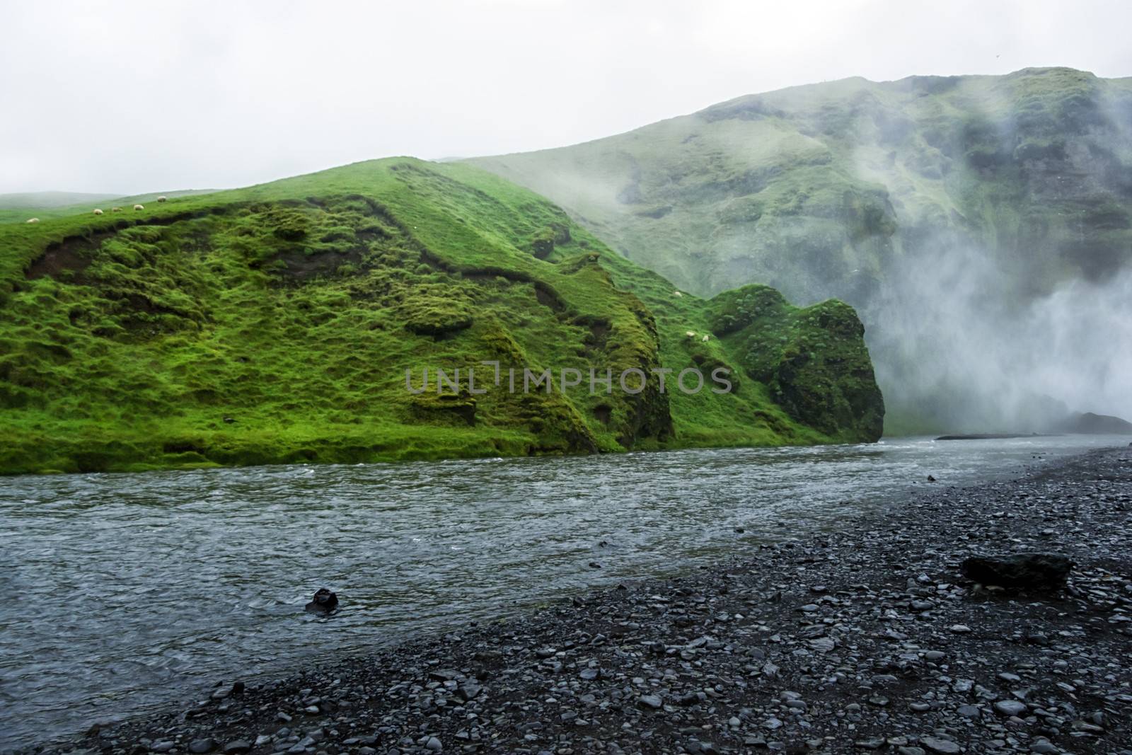Skoga river near Skogafoss waterfall in Iceland, rainy summer by Tetyana