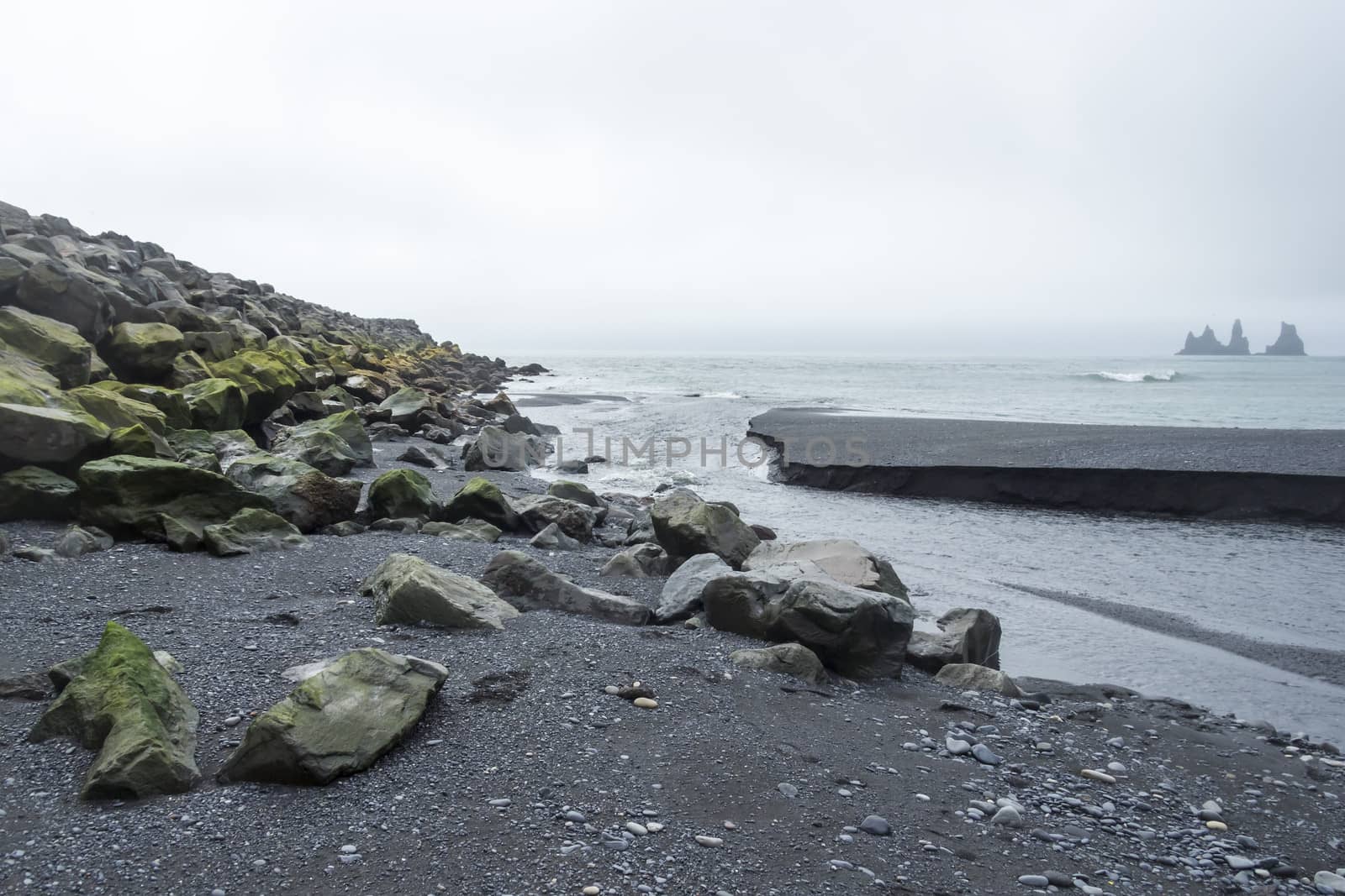 mountain river flows into the ocean, Iceland by Tetyana