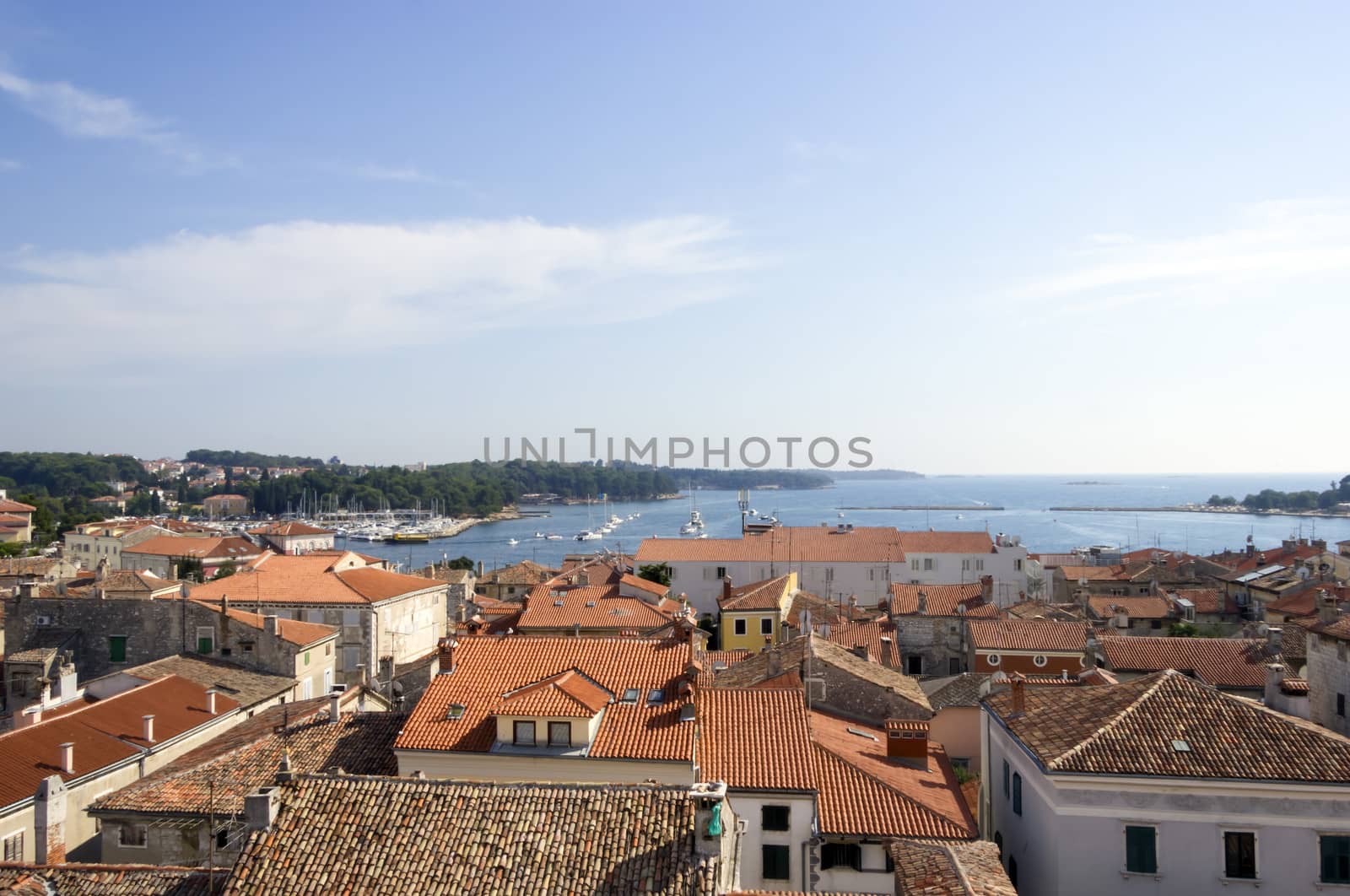 Panoramic view of down town Porec from the basilica tower, Istra, Croatia