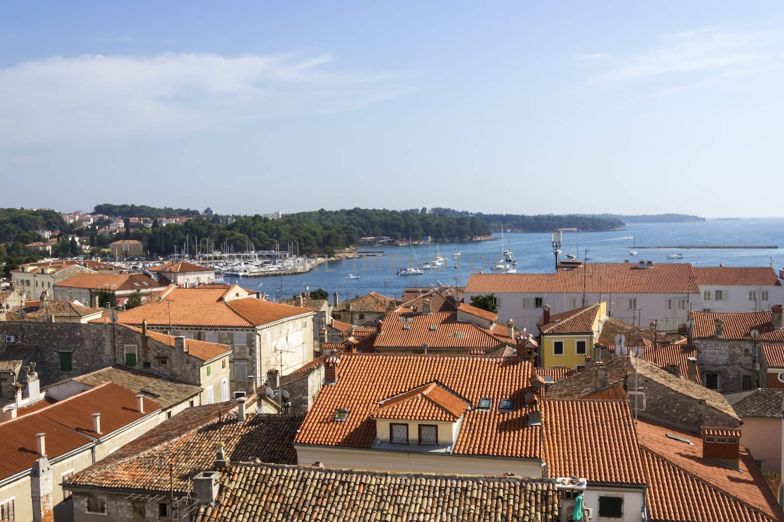 Panoramic view of down town Porec from the basilica tower, Istra, Croatia