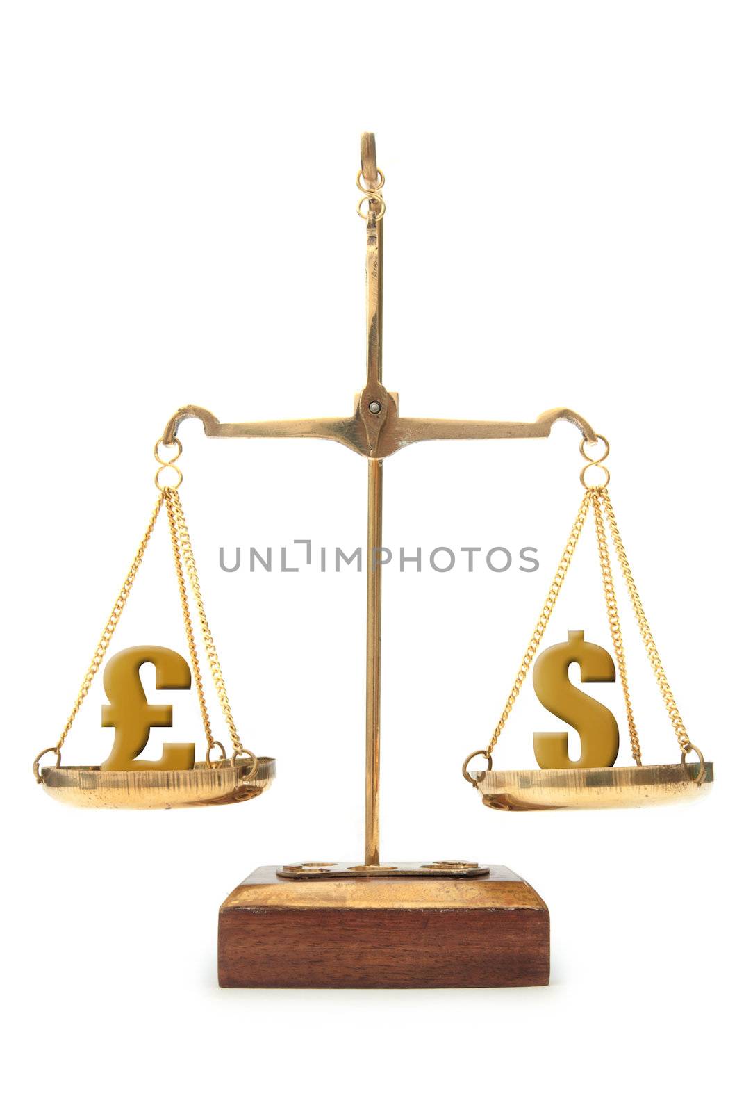 Dollar and pound symbols balanced on weighing scales 