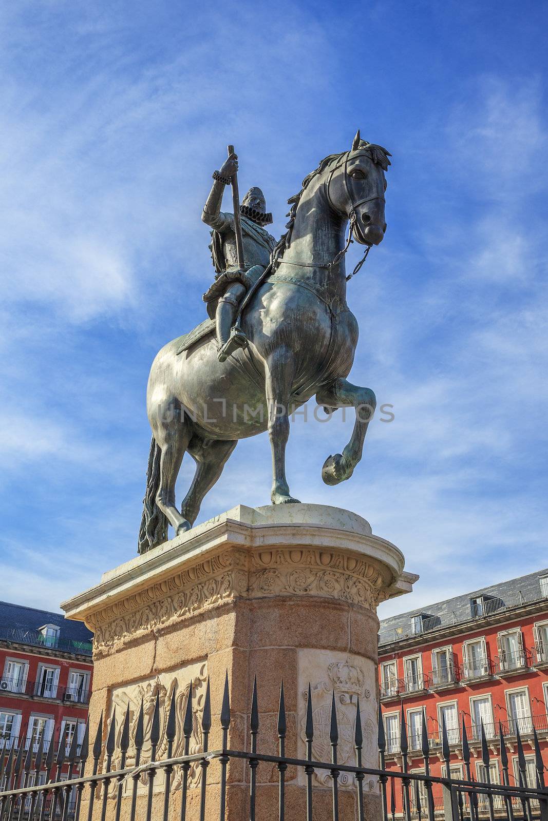 The monument of the King Philip III on Plaza Mayor in Madrid, Spain