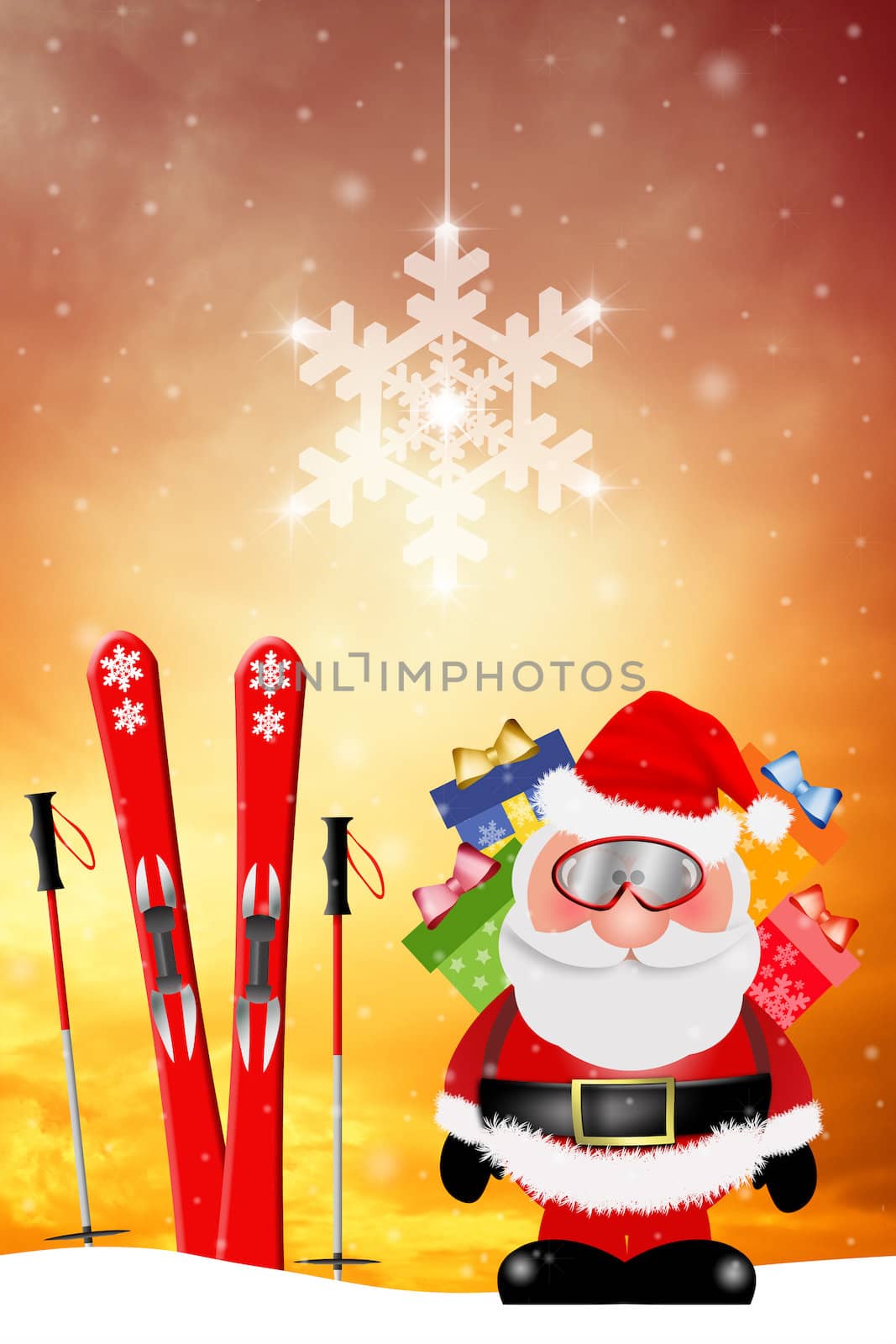 Santa Claus with ski for Christmas