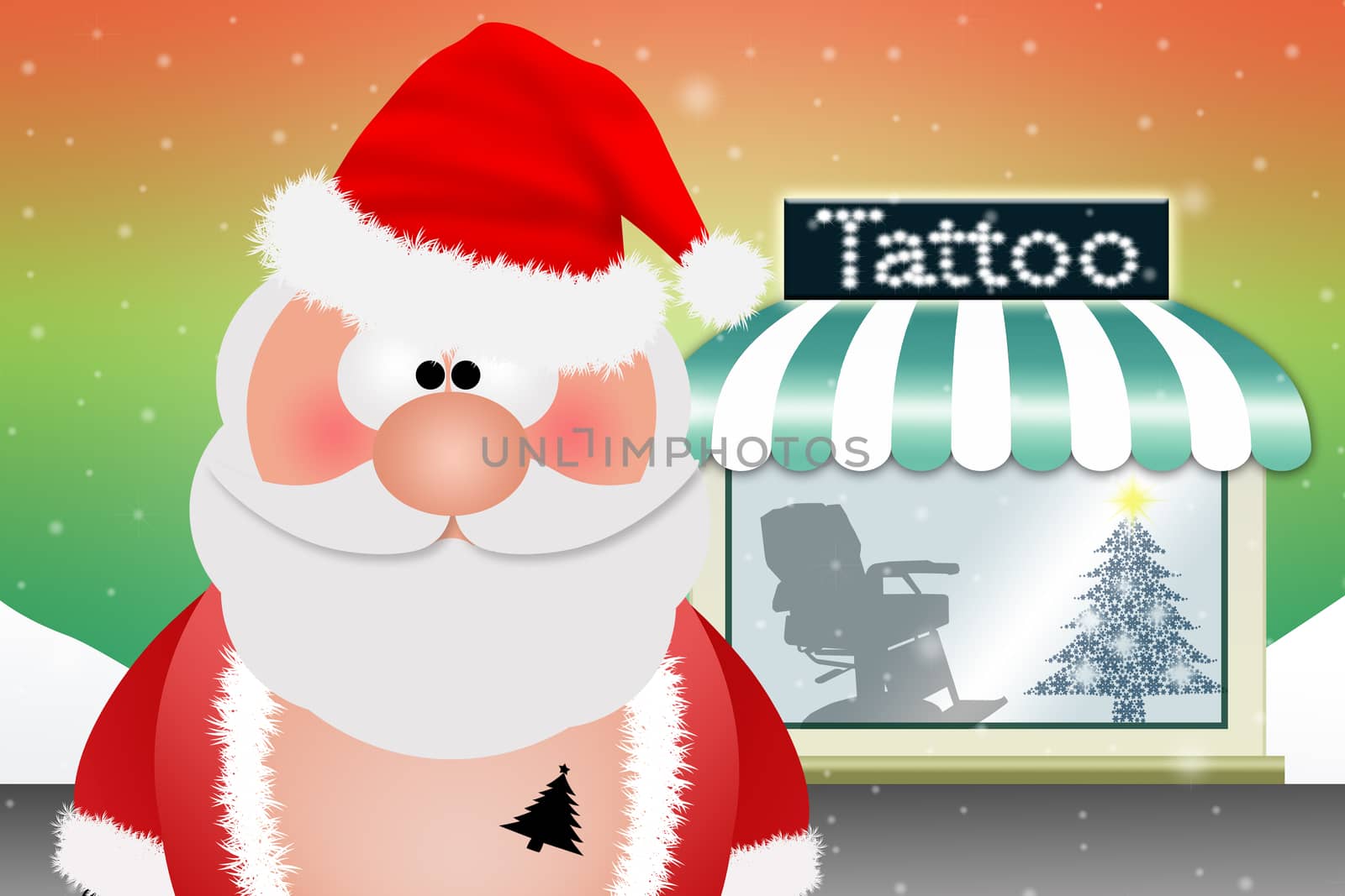 Santa Claus with tattoo of Christmas tree